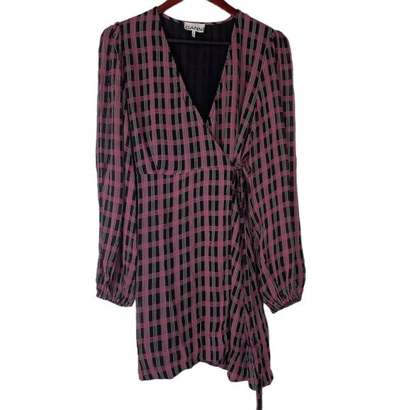 Ganni size EU 38 US 6 pink black Checked georgette mini wrap dress long sleeve - Picture 2 of 11